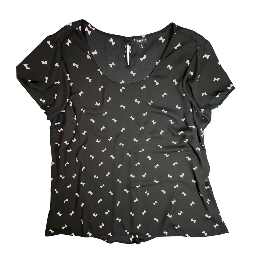Torrid Womens Plus 4 Black Pink Bow Print Georgette Peplum Keyhole Blouse Top